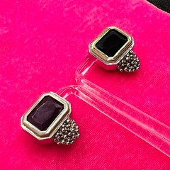 Vintage EXP Signed Silver Tone Earrings Black Stone Square Cut Grape Rectangle
