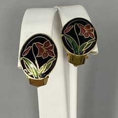 Cloisonne Stud Button Earrings Flower Iris Enamel Black Base Clip On Vintage .75