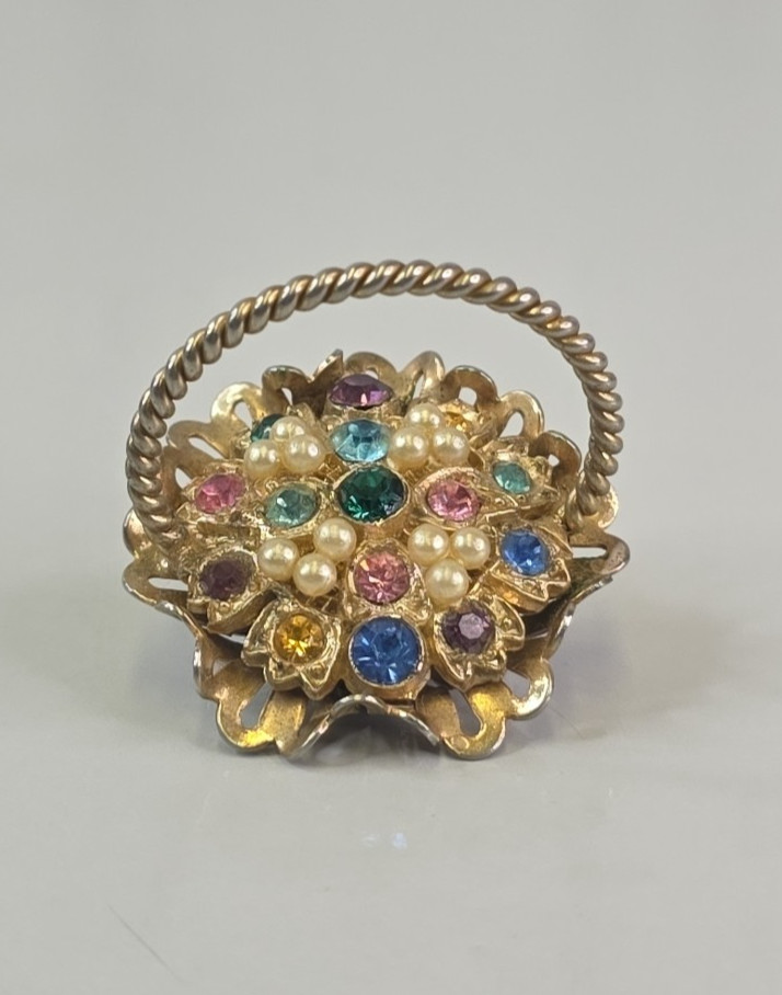 Vintage Flower Basket Pendant Multicolor Rhinestones Faux Pearls Rope Handle