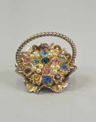 Vintage Flower Basket Pendant Multicolor Rhinestones Faux Pearls Rope Handle