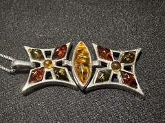 Vintage Baltic Amber Articulated Shield Pendant Necklace, 925 Silver,18″, 7.1g