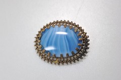 Vintage Filigree Bright Blue Slag Art Glass Brooch Pin oval bezel ML11