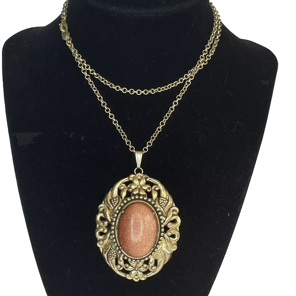 Vtg Lace Gold Stone Pendant Necklace Art Nouveau Textured Oval Chain Large Cameo