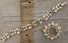 VINTAGE Sarah Coventry Maple Leaf Gold Silver Tone Bracelet Brooch Set GORGEOUS