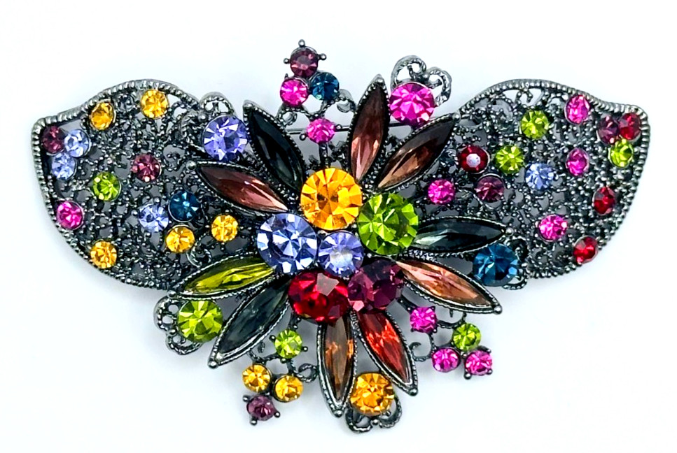 Dark Silver Tone & Multicolor Rhinestones Brooch Vintage