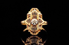 Antique Art Deco 10K Yellow Gold Diamond Filigree Ring Size 6