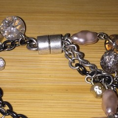 Vintage Charm Bracelet Silver Tone Black Chain Acrylic Beads Magnetic Clasp