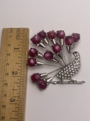 Vintage Fabulous Large Figural Peacock Brooch with Pink Moon-Glow Stones