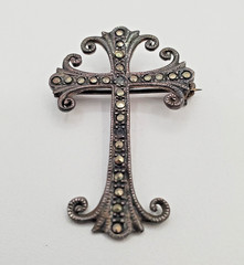 925 Marcasite Cross Brooch Pendant 1.75in Sterling Silver w Patina VTG FLAW