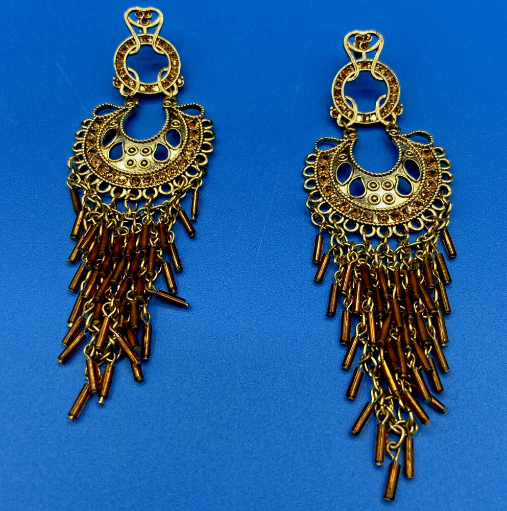 EARRINGS vtg 1970s 1980s Large long glass bead clusters coppertone Statement 5″