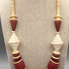 Vintage Chunky Wooden Beaded and Shell Statement Necklace Burgundy 23”