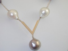 Vintage 14-18mm Gray Black White Baroque Pearl V Necklace 14k 17.75” Tahitian