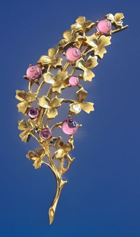 Trifari Floral 3.25″ Spray Brooch Pin GoldTone Pink Gripoix Cabochons GX30