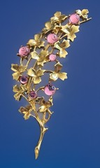 Trifari Floral 3.25″ Spray Brooch Pin GoldTone Pink Gripoix Cabochons GX30