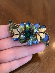 Vintage Mid-Century Blue & Green Glass Rhinestone Brooch Gold Tone Leaf Accent!