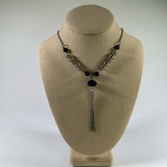 Vintage Tassel Necklace Silver-Tone Black Bead Elegant Art Deco Style Jewelry
