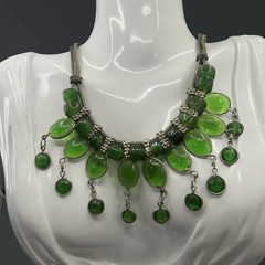 Vintage BOHO Bib Necklace GREEN GLASS Southwest Artisan Drop Dangle India Silver