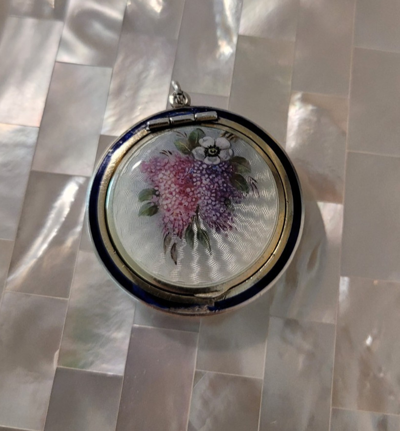 Antique French Guilloche 935 Sterling Silver Enamel Floral Locket Pendant