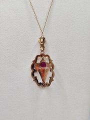 Antique 10k gold garnet Emco lavalier style pendant necklace art deco floral