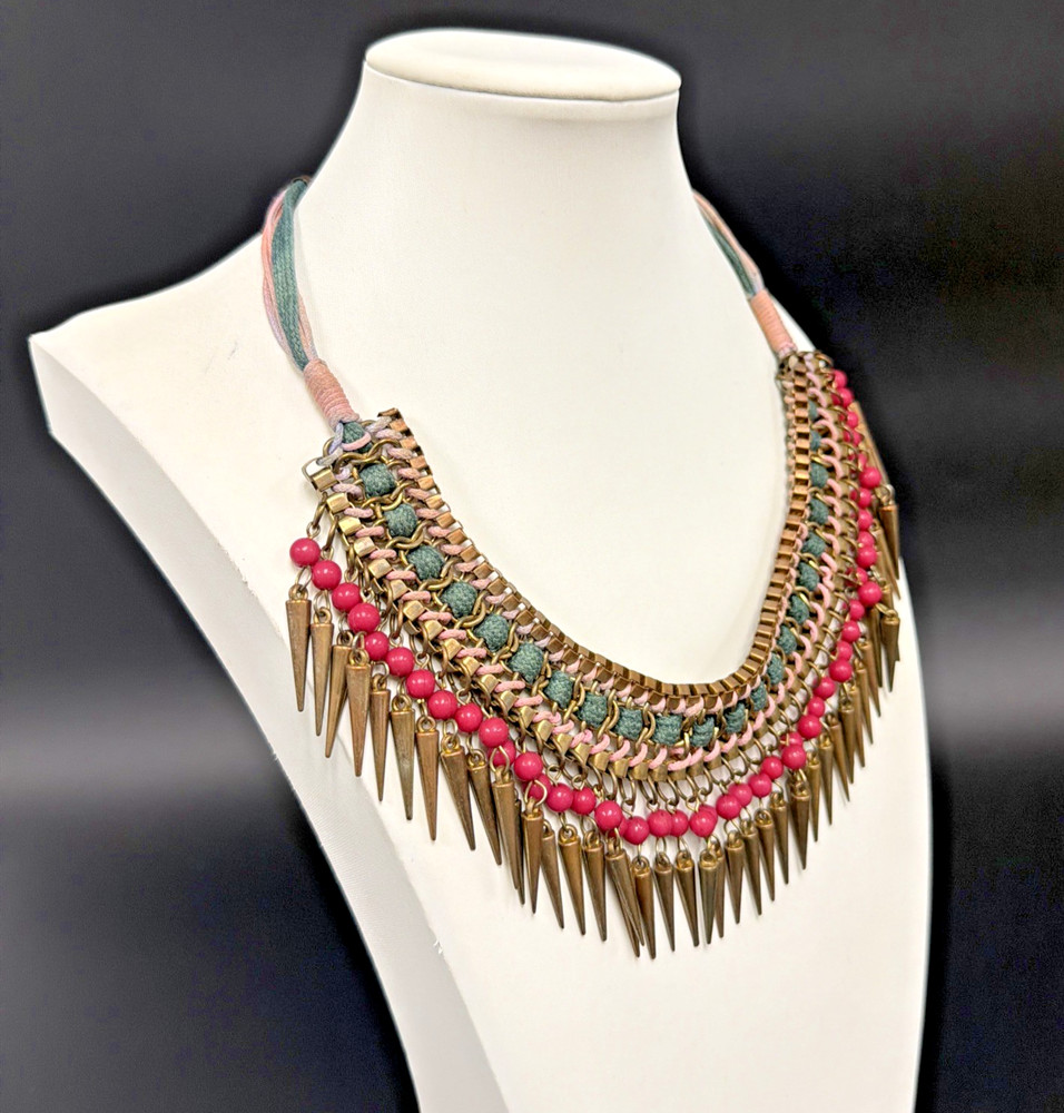 Vtg Egyptian-style Spiked BIB necklace W/ Copper Tone Spikes Pink & Green Beads
