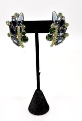 JULIANA Blue Hexagon Rhinestone Earrings Cast Stem Green Chatons Ref #3698