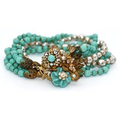 Vintage Signed Miriam Haskell Turquoise Bead Bracelet & Clip On Earrings Set