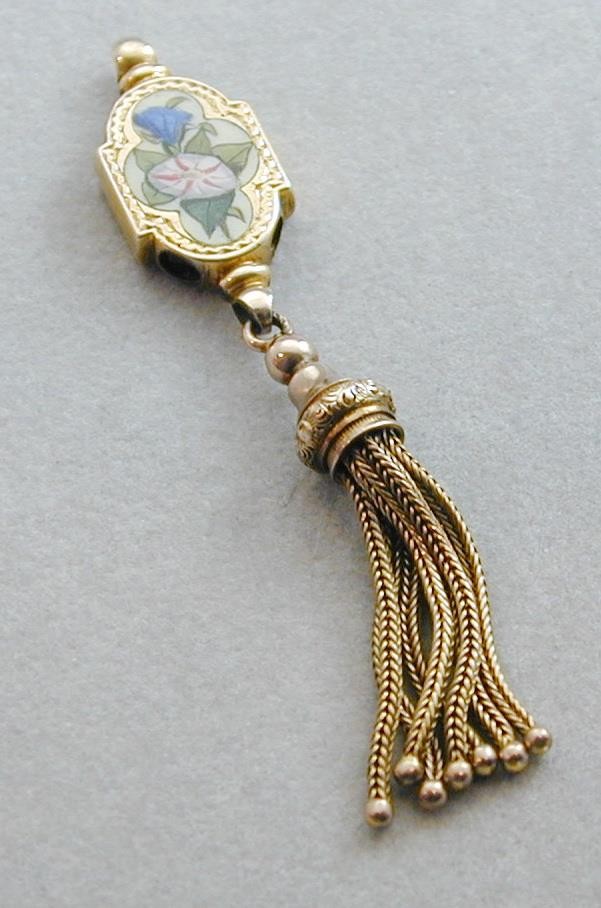 Exquisite LG Victorian Slide Charm Hand Painted Enamel Both Sides Tassels Low Kt