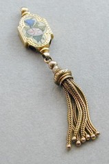 Exquisite LG Victorian Slide Charm Hand Painted Enamel Both Sides Tassels Low Kt