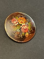 Russian Floral Brooch Hand Painted made in USSR Brown Autumnal Flower VTG Pin