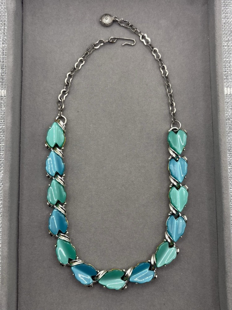 Vintage Silver Tone Blue & Green Thermoset Link Choker Necklace