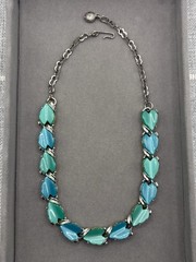 Vintage Silver Tone Blue & Green Thermoset Link Choker Necklace
