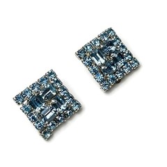 Sparkly Sky Blue Rhinestone Clip Earrings Mid-Century Prong Set Rhodium Plated