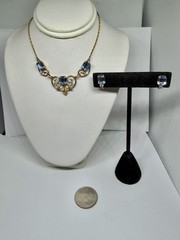 Vintage MCM Van Dell Gold Filled Blue Rectangle Crystal Necklace & Earrings Set