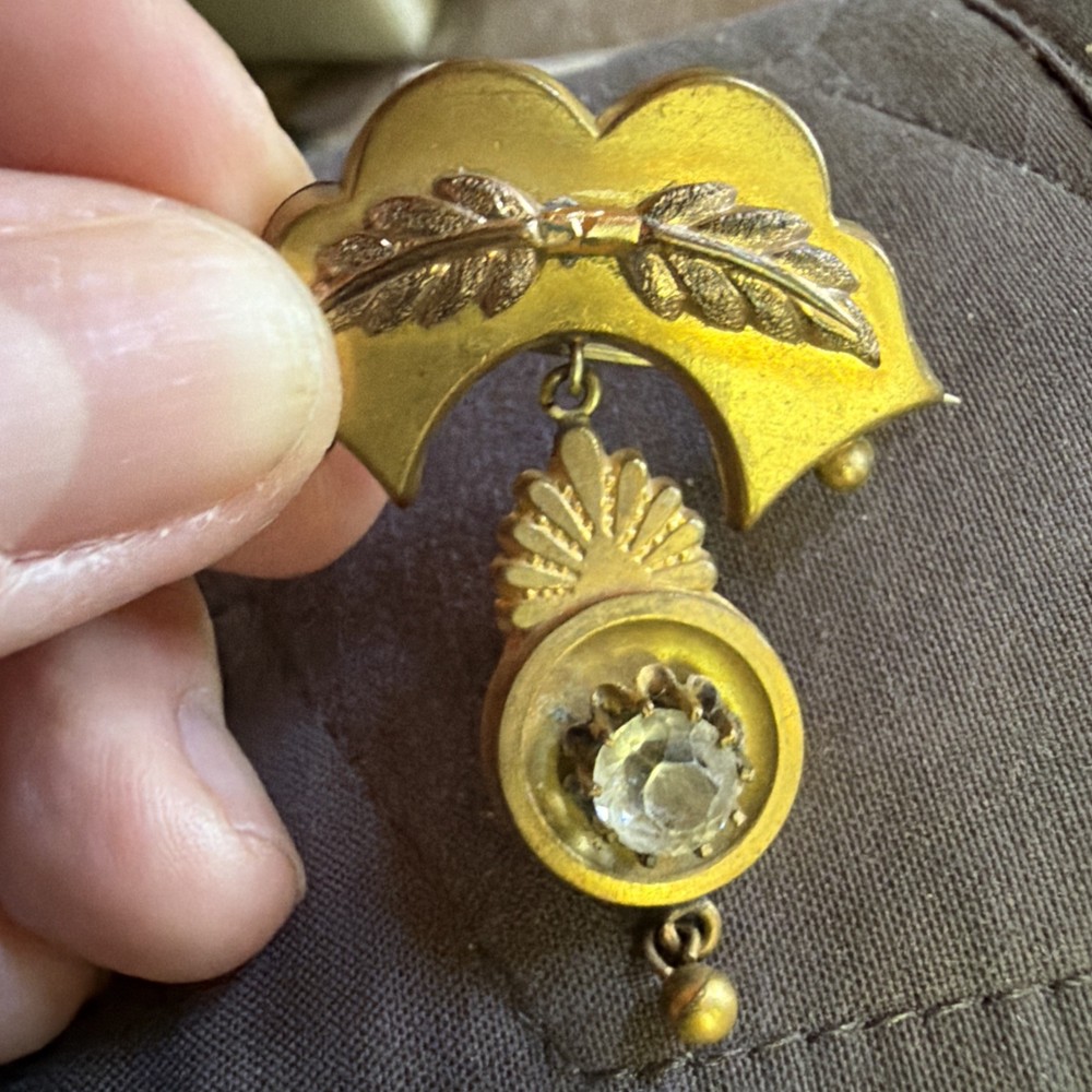 Antique Victorian Etruscan Hollow Gold Filled Dangle Brooch Pin Rose Gold Leaves