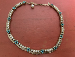 Vintage Trifari MCM necklace choker style marked faux turquoise/pearl scallop