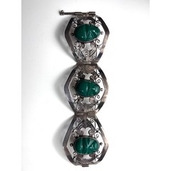 MCM Mexican Sterling Silver 0.925.M Hinged Green Onyx Filigree Panel Bracelet