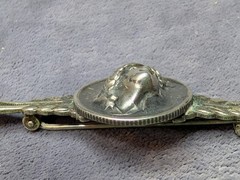 Antique 1920 3D Lady Liberty Repousse US Barber Dime Coin Silver Brooch Pin