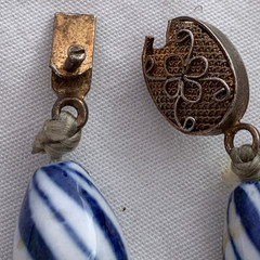 VTG Chinese Porcelain Blue White Stripes Oval Bead Necklace Hand-Knotted Silk
