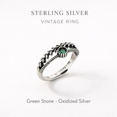 925 Sterling Silver Adjustable Vintage Ring Green Stone Boho Stackable Band