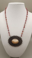 Vtg Bonnie J Beaded Statement Necklace Red Glass Medallion Pendant Silver Tone