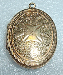 Art Nouveau 12K GF Gold Filled Photo LOCKET Iron Cross Scroll & Flowers *NO mono