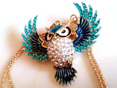 RHINESTONE OWL NECKLACE!Blue Enamel Bird Pendant.Aqua & Clear Crystals.Gold Tone