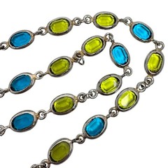 Vintage Silver Tone Necklace w/Framed Blue & Green Faceted Crystal Ovals