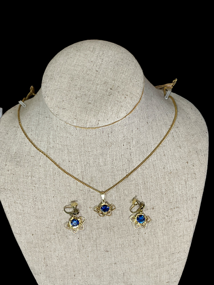 VTG SORRENTO Sapphire Pendant, Earrings Filigree set 1/20GF Italy