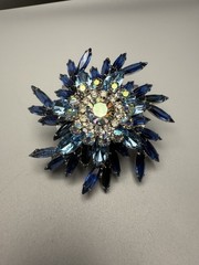 Juliana D&E BOOK PIECE Brooch Multi Blue Navettes w/AB & Clear Rhinestones 2.6”