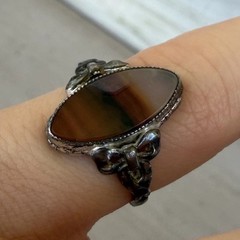Antique 10k Yellow Gold & Sterling Banded Agate Marquis Navette Ring