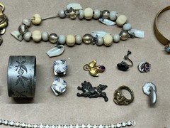 Nice Lot of Antique Jewelry – Glass Beads, Rhinestones, Hand Carved