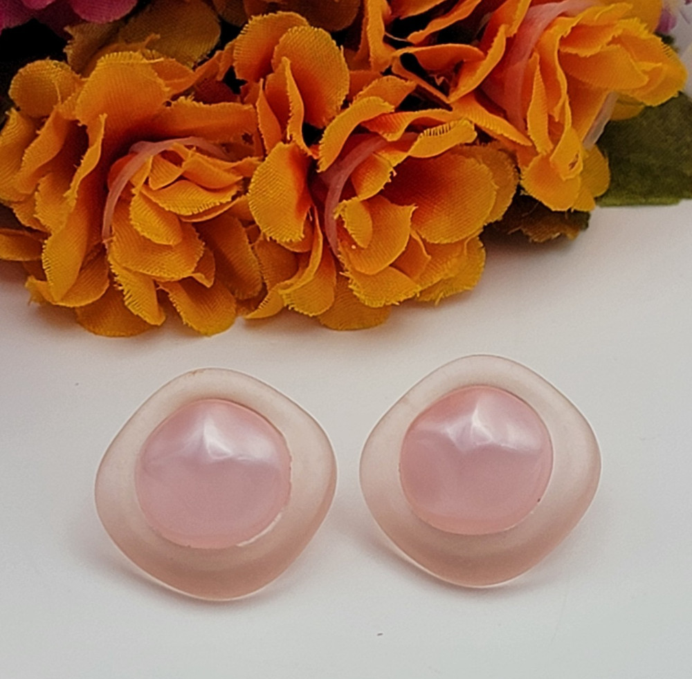 Vintage Avon Pink Frosted Lucite Stud Earrings Pierced 24mm Tea Rose