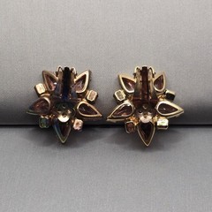 Vintage Pink Rhinestone Starburst Clip On Earrings Peach Mid Century Modern