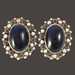 SILVER and Black ONYX CLIP Artisan Earrings Vintage Oval Open Work 1″ 9.48g